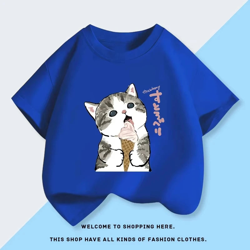2026 New Mofusand Cat Girl's Clothing Short Sleeved T-shirt Baby Pure Cotton Top Summer New Clothes Children's Base Shirt