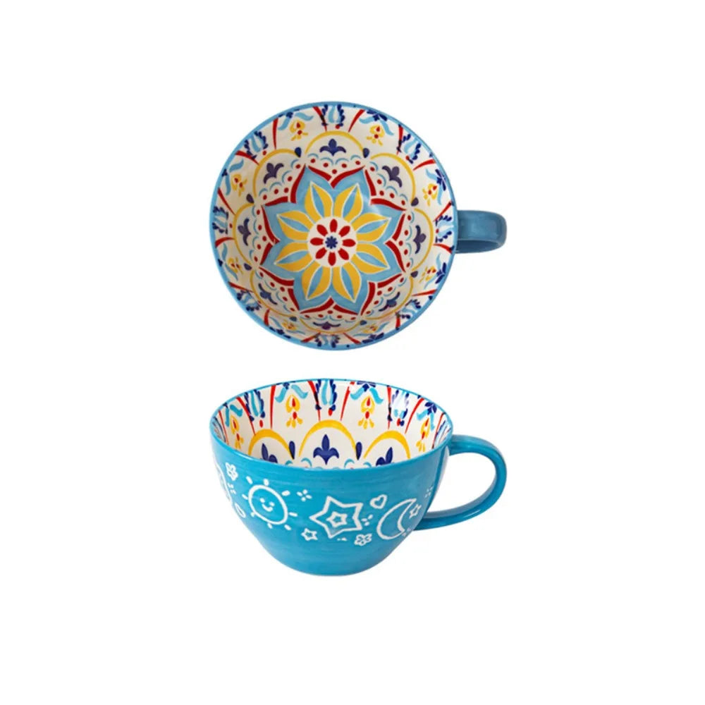 Creative Ceramic Bohemian Breakfast Cup Retro Flower Pattern Coffee Mug Microwaveable Large Capacity Milk Cup Friend Gift