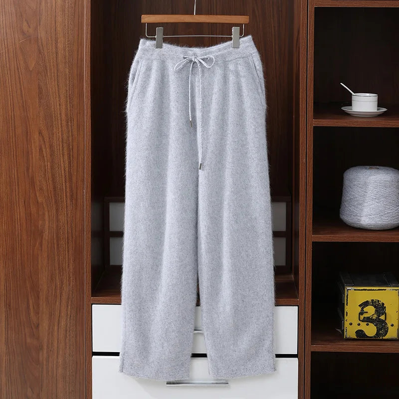 100% Mink Cashmere Pants Autumn Winter New Men' Elastic Waist Cashmere Pants Youth High-End Warm Outside Leggings Thick Casual