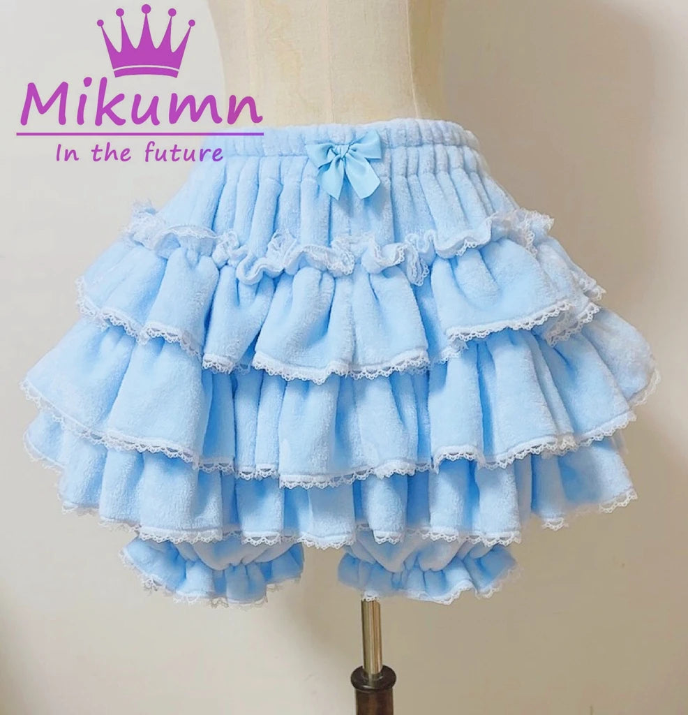 Harajuku Y2k Sweet Pink White Pumpkin Pants Lolita Autumn Winter JK Plush Shorts Japanese Kawaii Ruffles Lantern Shorts