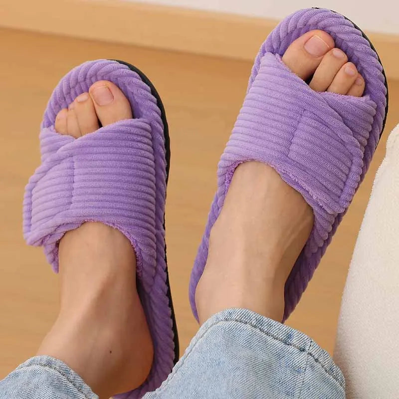 Litfun Open Toe House Slippers For Women New Corduroy Indoor Flat Slides With Adjustable Strap Four Season Lady Orthopedic Shoes