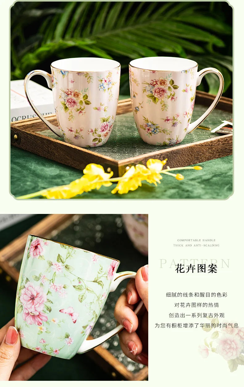 Ceramic Cup Creative Couple's Cup Vintage Flower Home Breakfast Milk Cup Office Afternoon Tea Coffee Water Mug Home Drinkware