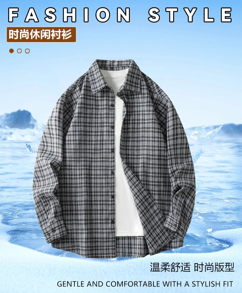 Men Shirt Plaid Flannel Retro Long Sleeve Oversized Loose Cotton Casual Male Youth Design Soft Fall Black Formal Dress Shirt