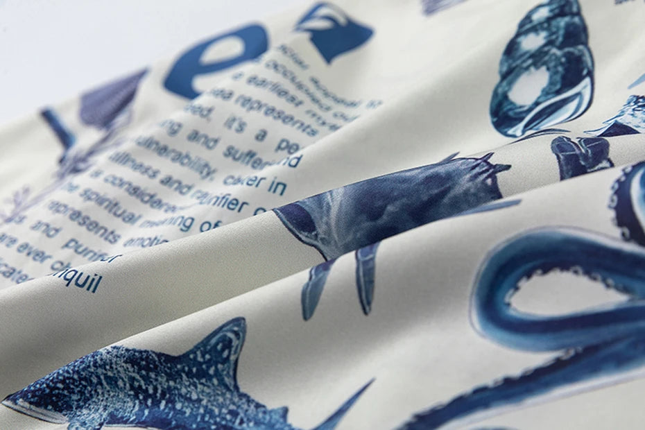 Sea World Letter Printed Shirts Japanese Harajuku Oversized Shirts Short Sleeve Button Up Blouse Men's Summer Hawaii Shirts Tops