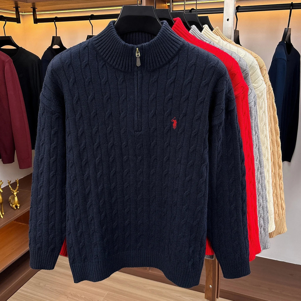 Fashion Half Zipper Sweater Men's Winter Warmth New exquisite jacquard design luxury brand golf pony embroidery knitted pullover