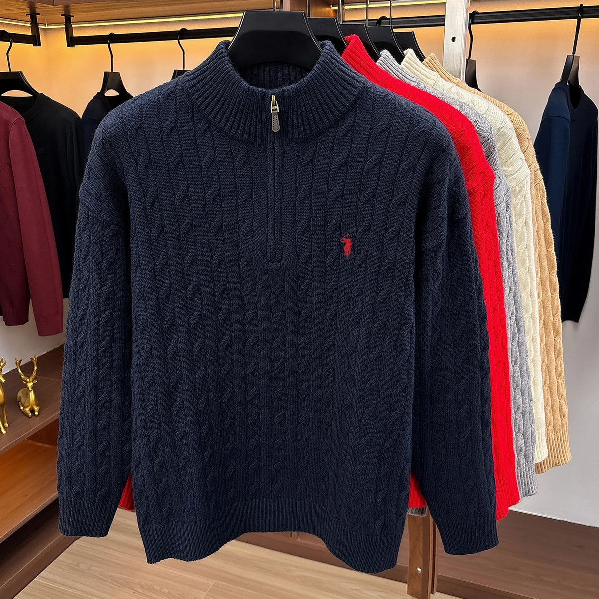 Fashion Half Zipper Sweater Men's Winter Warmth New exquisite jacquard design luxury brand golf pony embroidery knitted pullover
