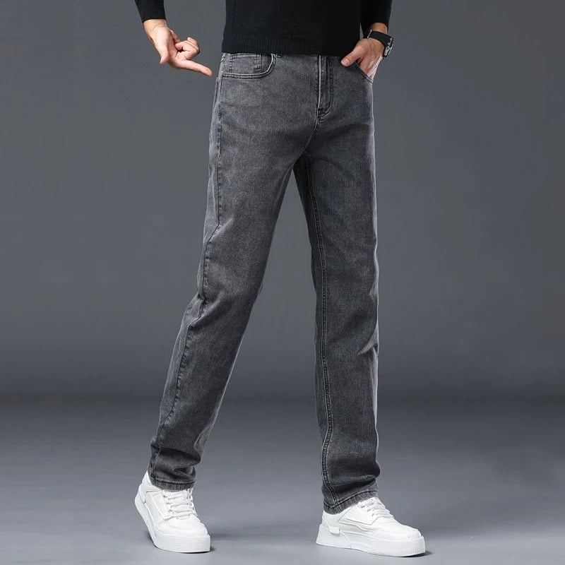 Men's Slim Jeans Korean Fashion Elastic Straight Casual Denim Pants Comfortable Work Male Spring Autumn Trousers Black Gray
