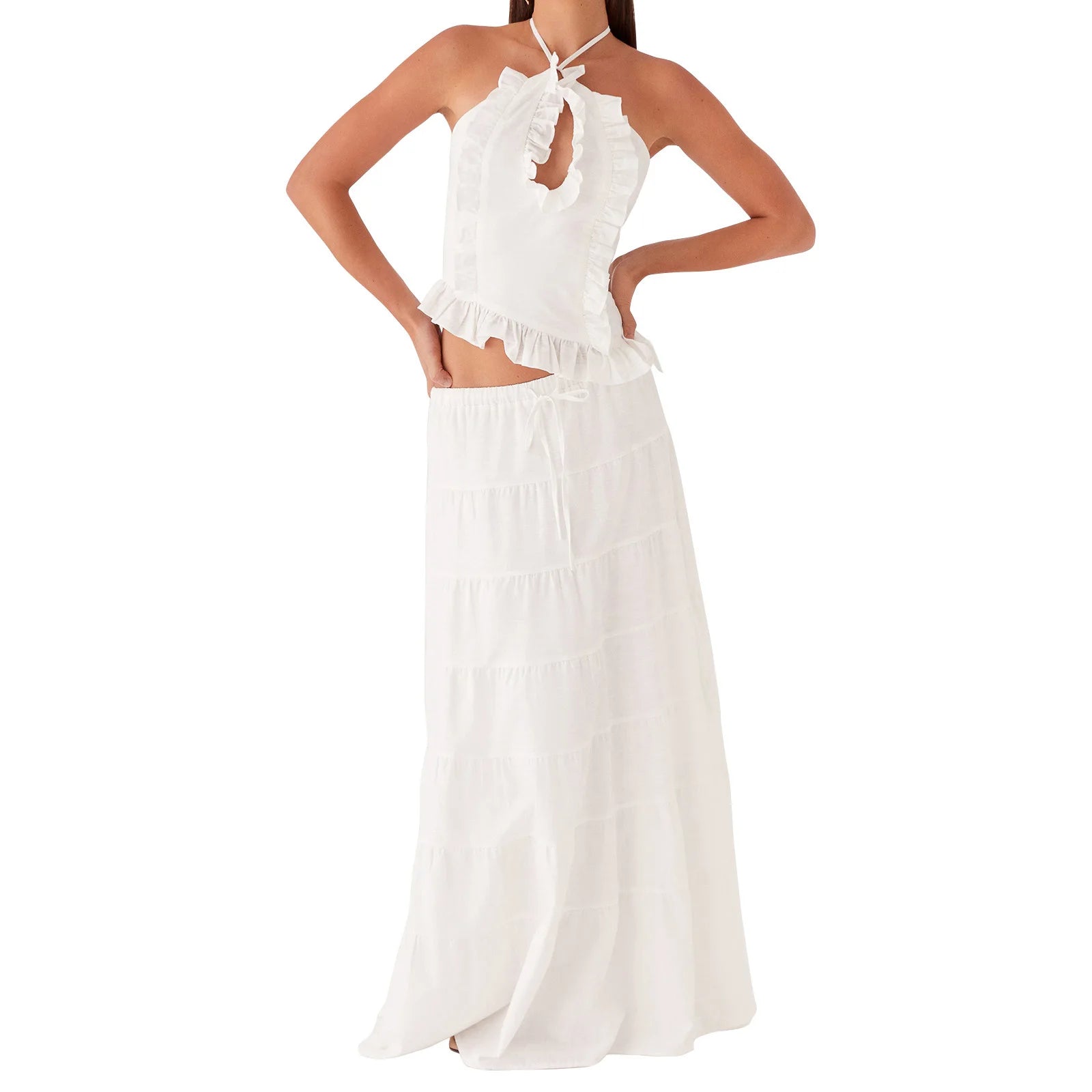 Women Summer Boho 2 Piece Maxi Skirt Sets Y2k Sexy Halter Ruched Cami Tops Tiered Flowy Ruffle Skirts Holiday Beach Outfits