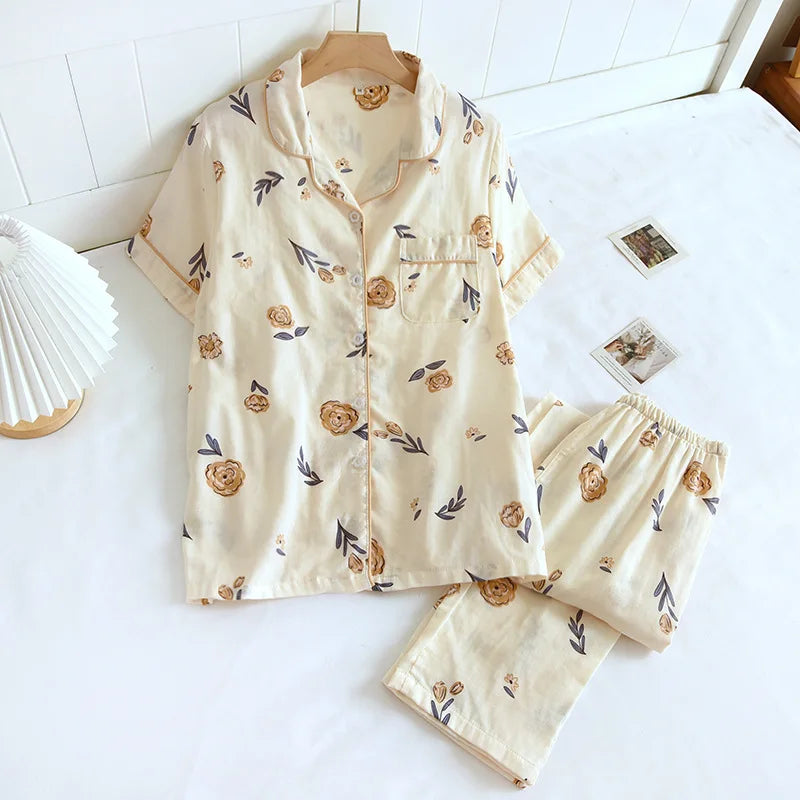 2026 Japanese new spring and summer short-sleeved trousers pajamas 2-piece set 100% cotton gauze flower cartoon home service set