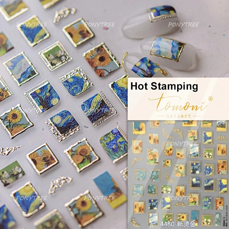 Gold Stamped Frame Oil Painting Style Sunflowers Metal Bead 3D Self Adhesive Nail Art Stickers Autumn Manicure Decals Wholesale
