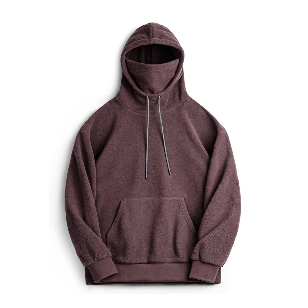 Maden Casual Polar Fleece Hooded Sweatshirt Solid Color Windproof Pullover with Face Mask Warm Tops for Men's Fall and Winter