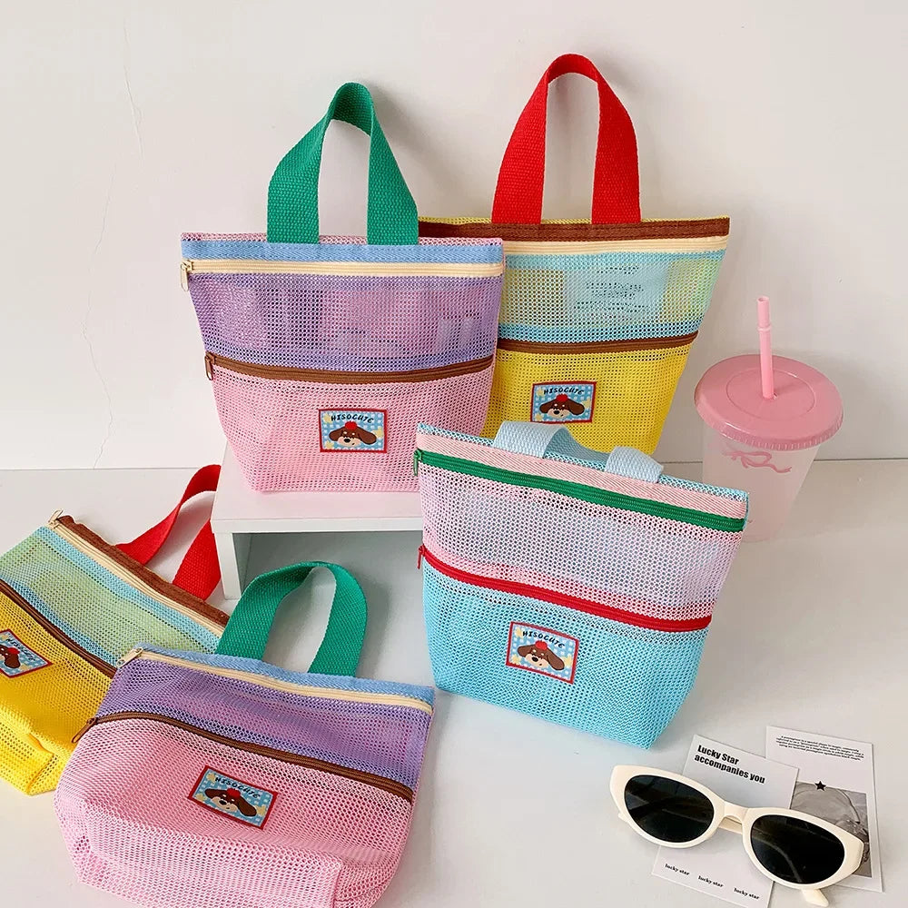 Women's Color-Block Mesh Makeup Bag with Top Handle and Cute Patch Small Cosmetic Pouch for Daily Travel Essentials Storage