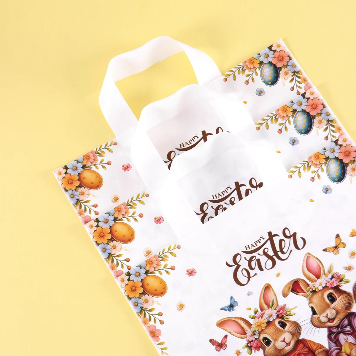 6pcs Happy Easter Large Gift Bags with Handles 25*30cm Plastic Tote Bags Cute Bunny Eggs Printed Treat Bags Easter Party Needs