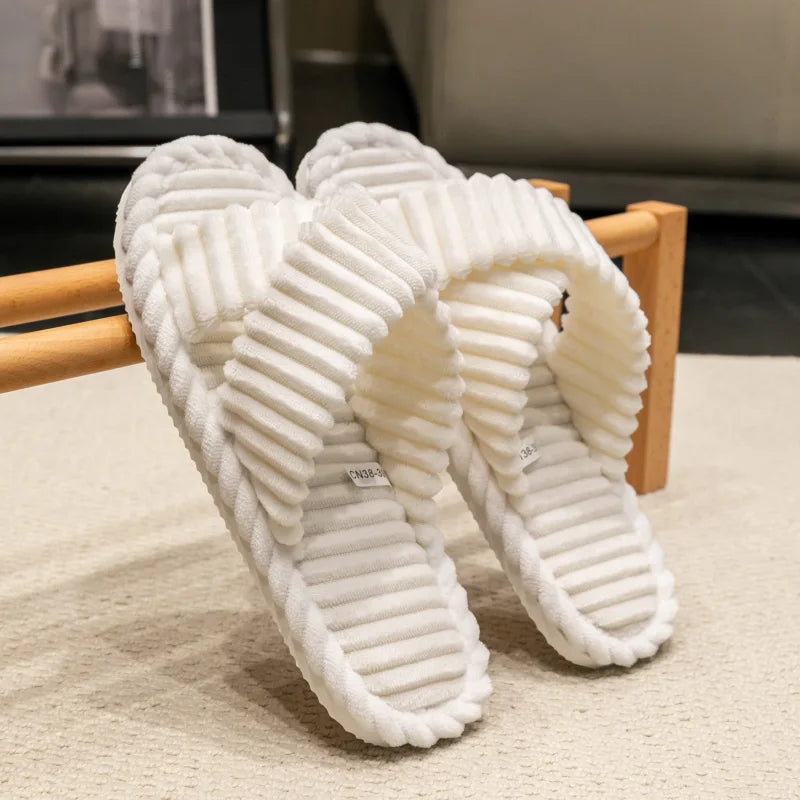 Fashion Corduroy Cross Band Open Toe Home Slippers Women Autumn Winter Warm Plush Slides Ladies Bedroom Soft Sole Slippers