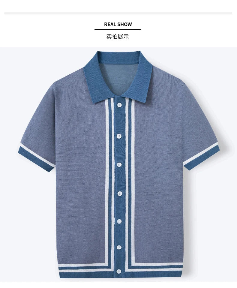 Summer Men Knitted Cardigan Polo Shirts Short Sleeve Striped Jacquarded Business Shirts American Retro Premium Quality Knitwear