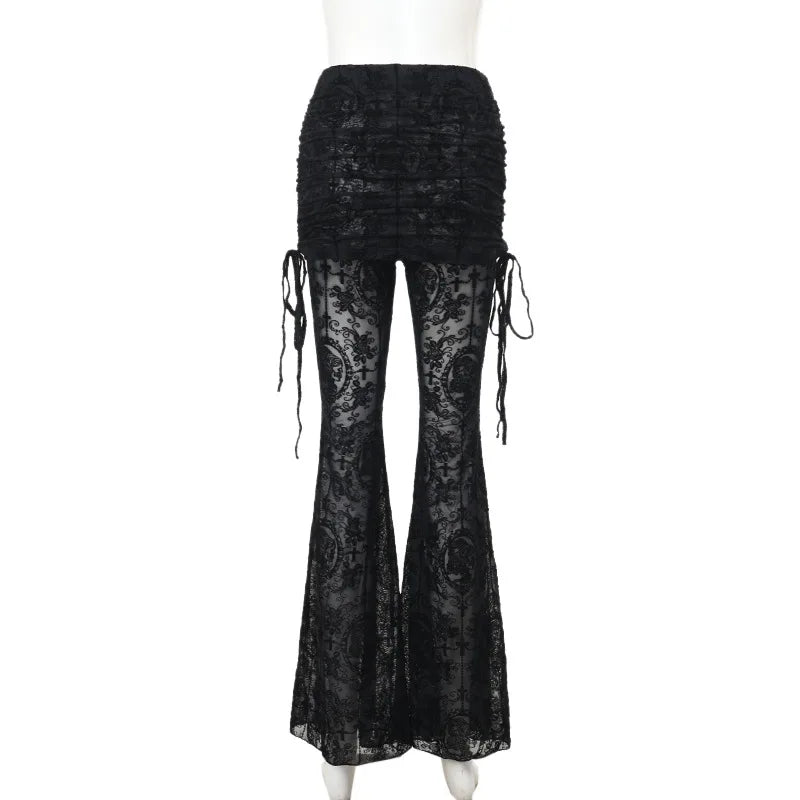 AltGoth Gothic Dark Flocking Pants Women Streetwear Aesthetic Emo Alt Grunge See Through Lace-up High Waist Flare Pants Female