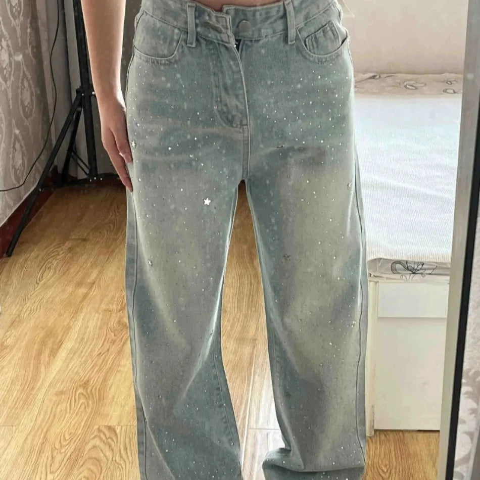 Summer New Fashion Joker Straight Pants Jeans American Light-colored Stars Rhinestone Shiny High Waist Slim Wide-leg Jeans
