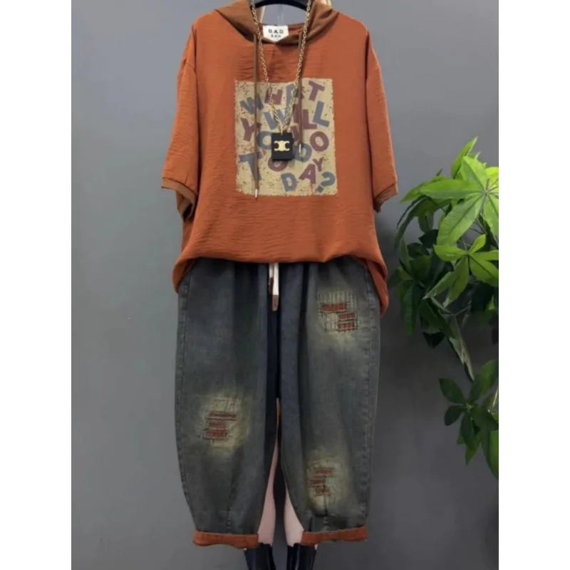 Vintage Plus Size Jeans Set Women's Two-Piece Outfit Casual Suit Denim Pants  Ladies Hooded T-Shirt Printed Jeans Sets