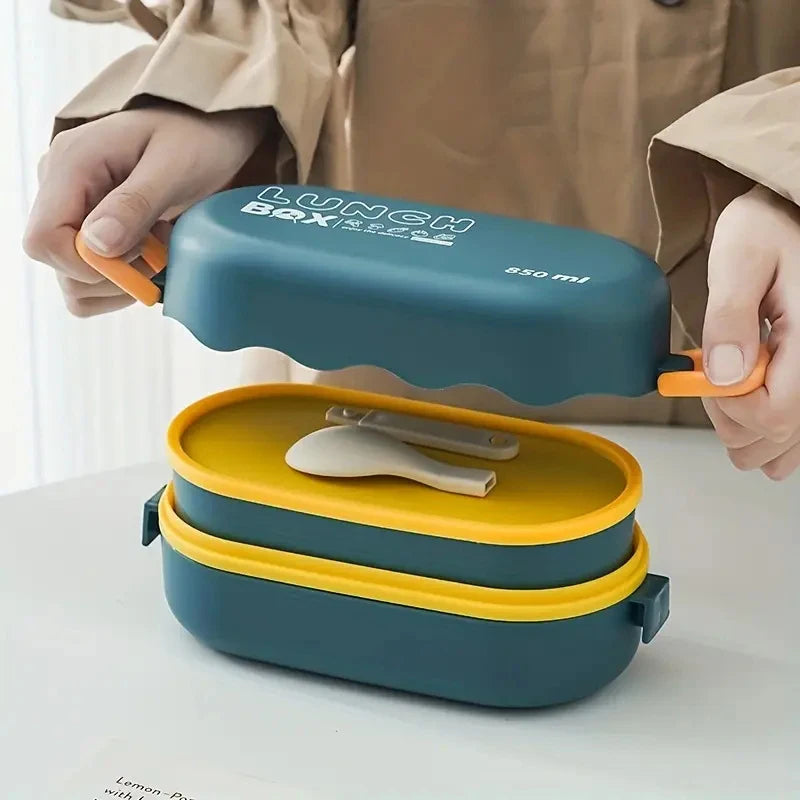 850ML Portable Double-layer Lunch Box Microwavable Bento Box With Tableware Sealed Leak-proof Food Storage Container