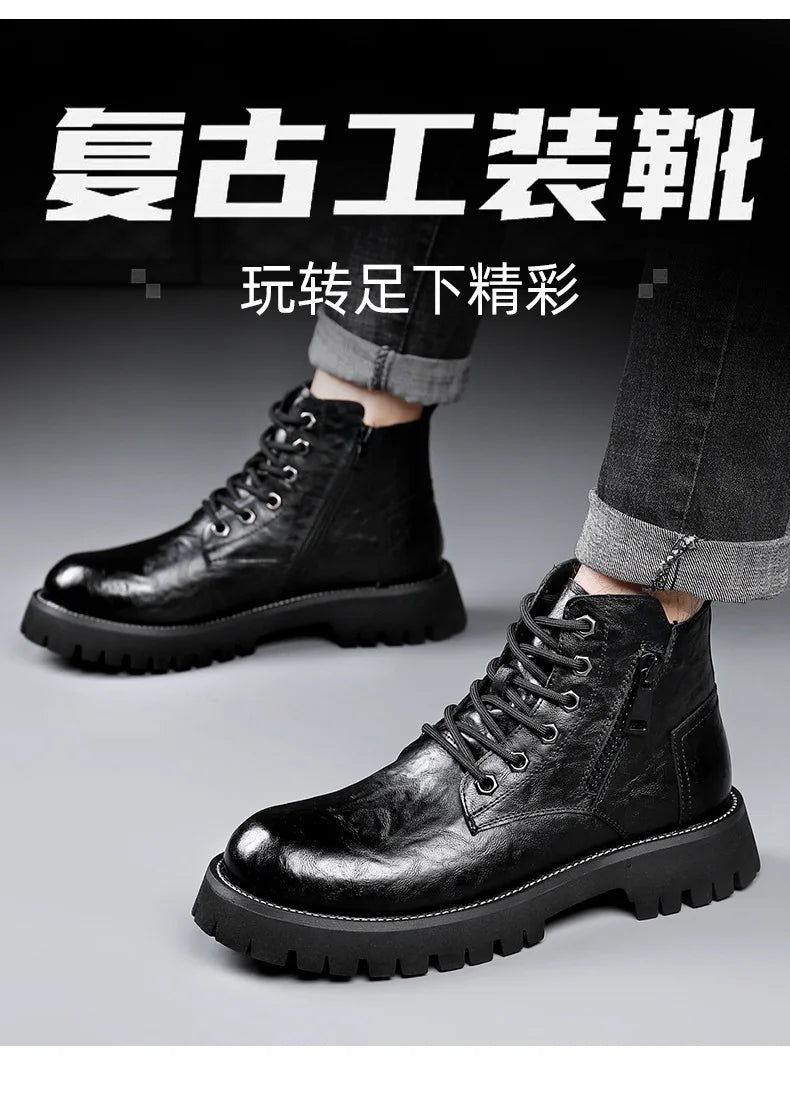 2025 autumn and winter boots men's British style versatile high top leather shoes workwear snow leather boots men's short boots