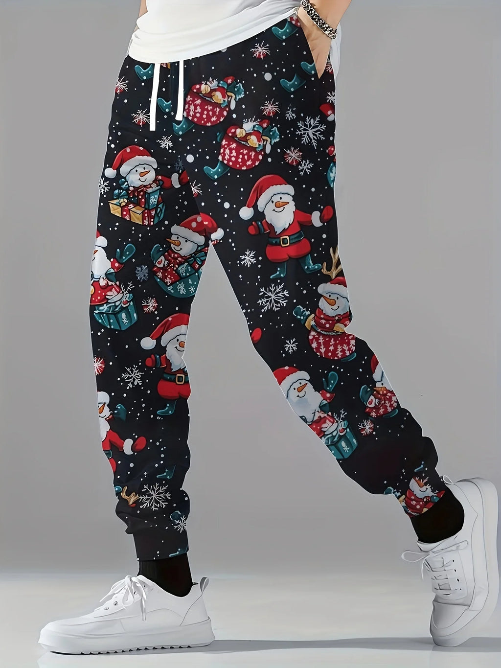 Men'S Christmas Pants with Santa, Reindeer & Tree Print - Red & White Holiday Trousers for Christmas Party, Everyday Winter Wear