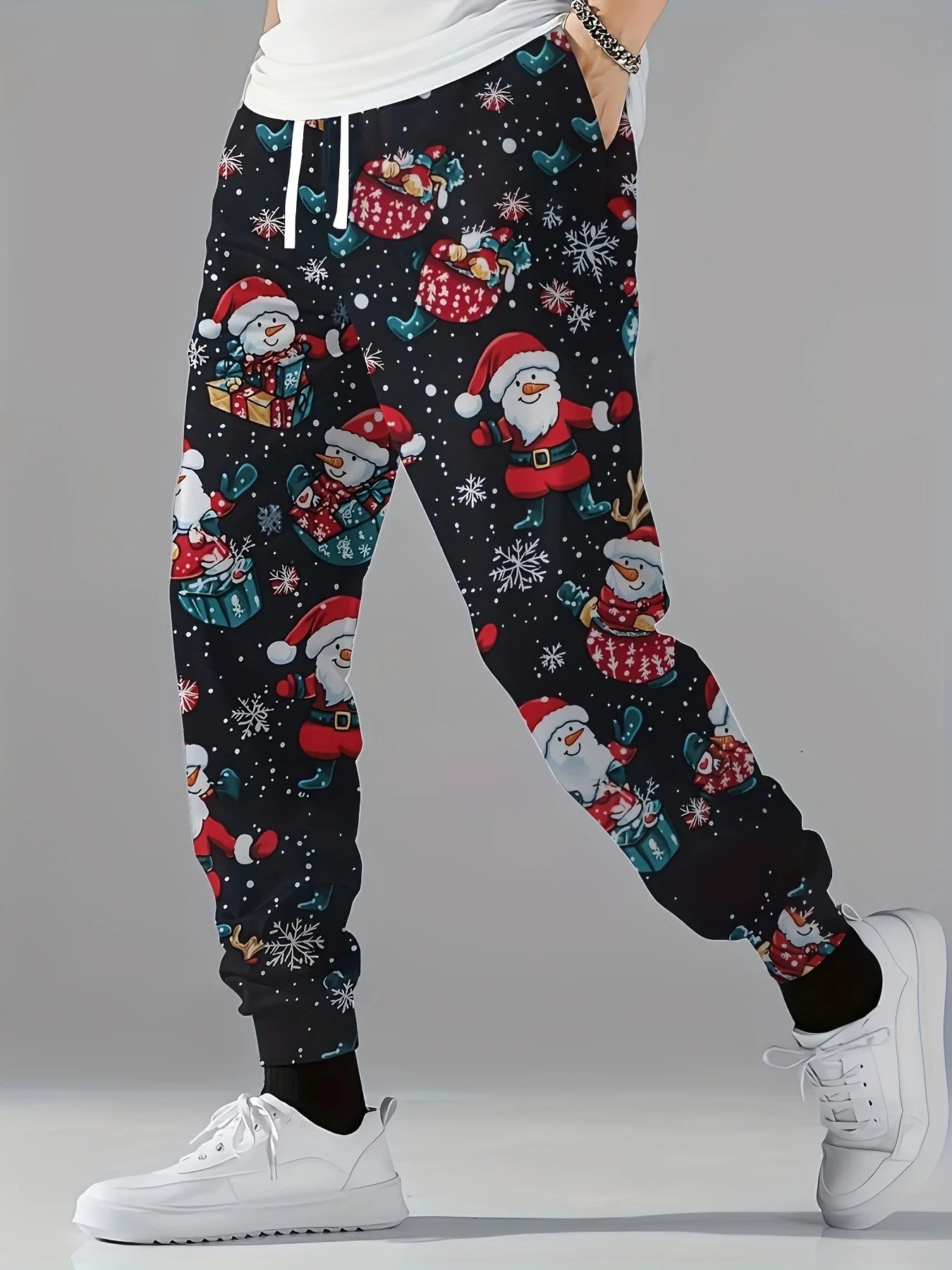 Men'S Christmas Pants with Santa, Reindeer & Tree Print - Red & White Holiday Trousers for Christmas Party, Everyday Winter Wear