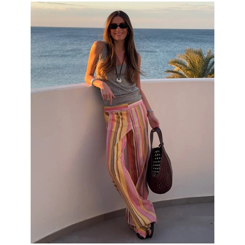 Women‘s Colorful Striped Pant New Summer Straight Multicolor Wide Leg Long Pants Casual Fashion Streetwear Female Outfit 2026