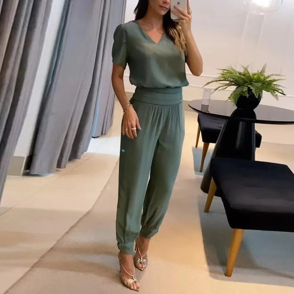 2025 New Long Pant Sets Summer Fashion Casual V-neck Print Short Sleeve Trousers Suit Two-piece Set 2 Piece Sets Women Outfit