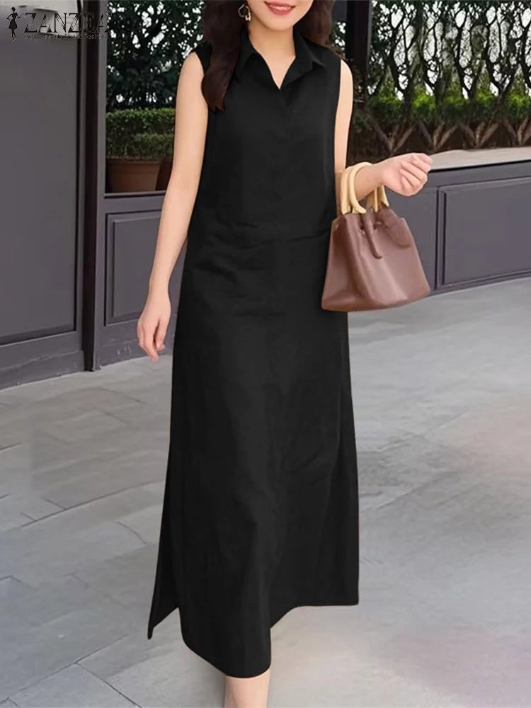 2025 Summer Sleeveless Sundress ZANZEA Women Long Dress Elegant Work OL Dresses Casual Lapel Neck Solid Vestidos Split Hem Robe