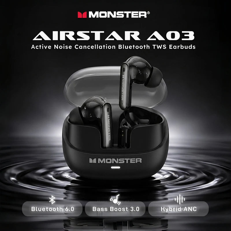 Monster A03 ANC Earbuds Bluetooth 6.0 Active Noise Cancelling Headphones Powerful Deep Bass Sport TWS Wireless Earphone with Mic