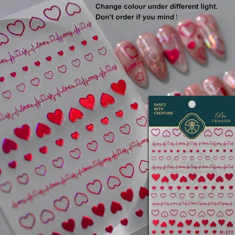 5D Gradient Love Gem Glitter Love Heart Colorful Cat's Eye Rhinestone Soft Self Adhesive Nail Art Stickers Shiny Manicure Decals