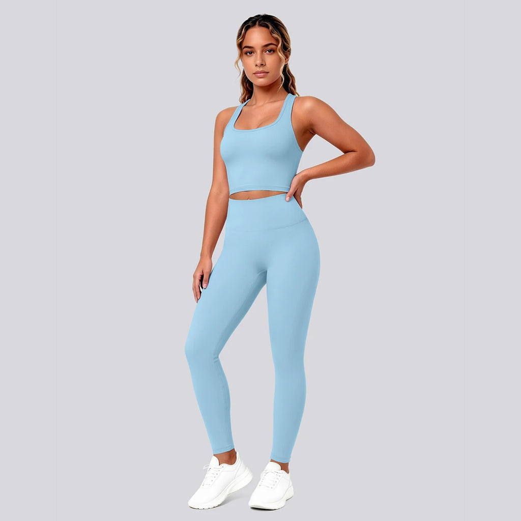 2PCS Solid Color Yoga Set for Woman's Gather Beautiful Back I-shaped Vest Shock-absorbing Running Yoga Tank Top Push Up Pants