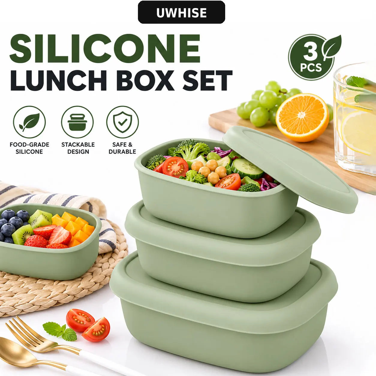 Uwhise Silicone Lunch Box Set Food Storage Containers 3 Pcs Bento Box For Microwave Freezer Nestable Salad Snack Bowls
