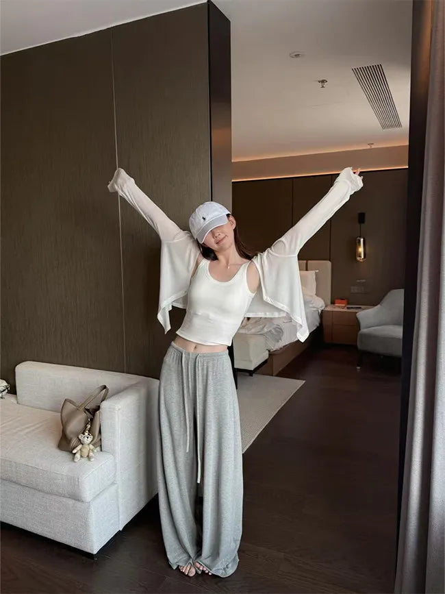 Women's Straight Pants Spring Summer Loose Casual High Waist Wide-leg Pants Drawstring Solid Gray Trousers Women