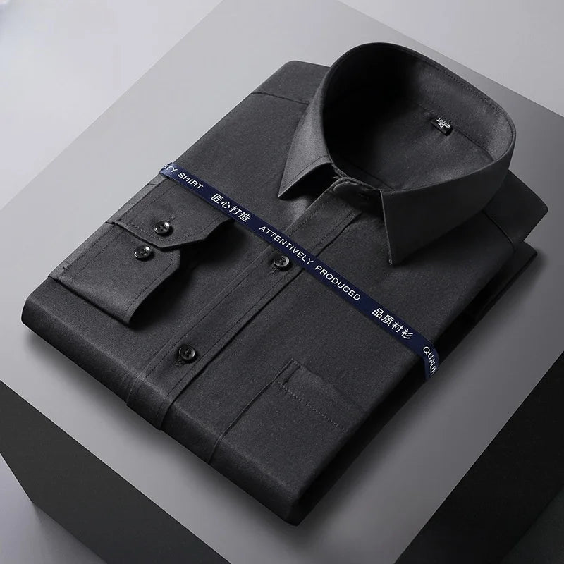 Men Formal Shirt Long Sleeve Autumn Office Solid Color Fashion Business Pocket White Social Pocket Office White Shirt S-7XL 6XL