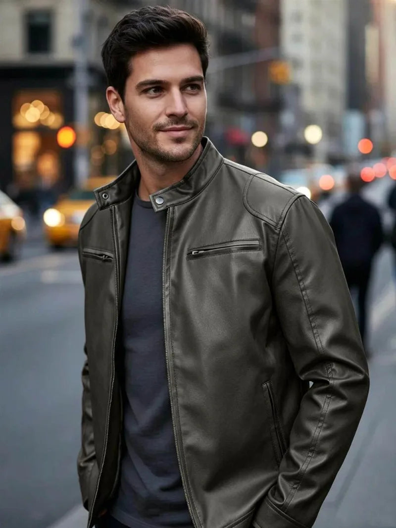Men's PU leather jacket stand-up collar slim-fit vintage-style biker jacket spring/fall top