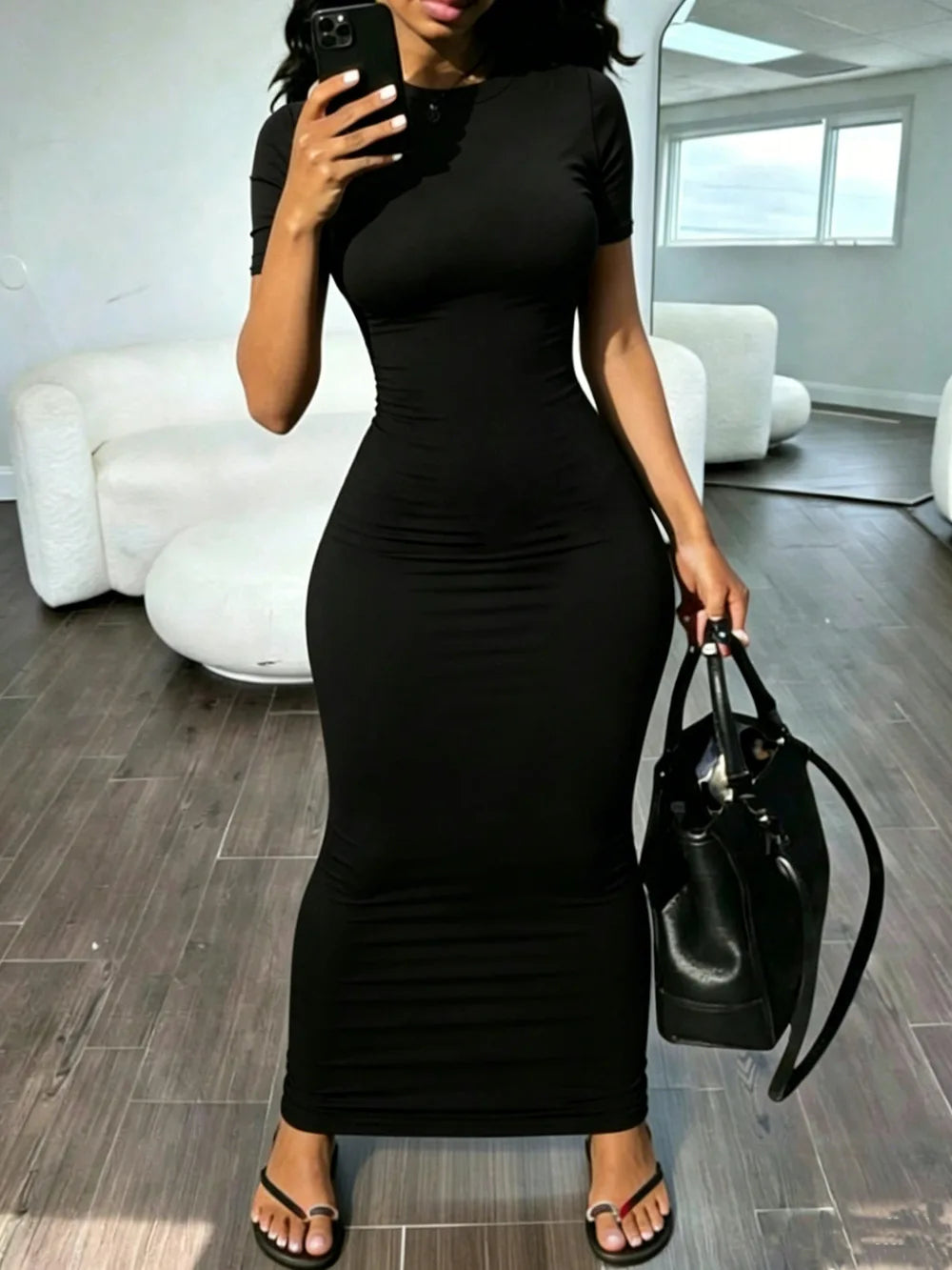 Sexy Skinny Women's Bodycon Party Dress Fashion O-neck Short Sleeve Solid Color Wraped Hip Package Long Dress Female Sexy Dress