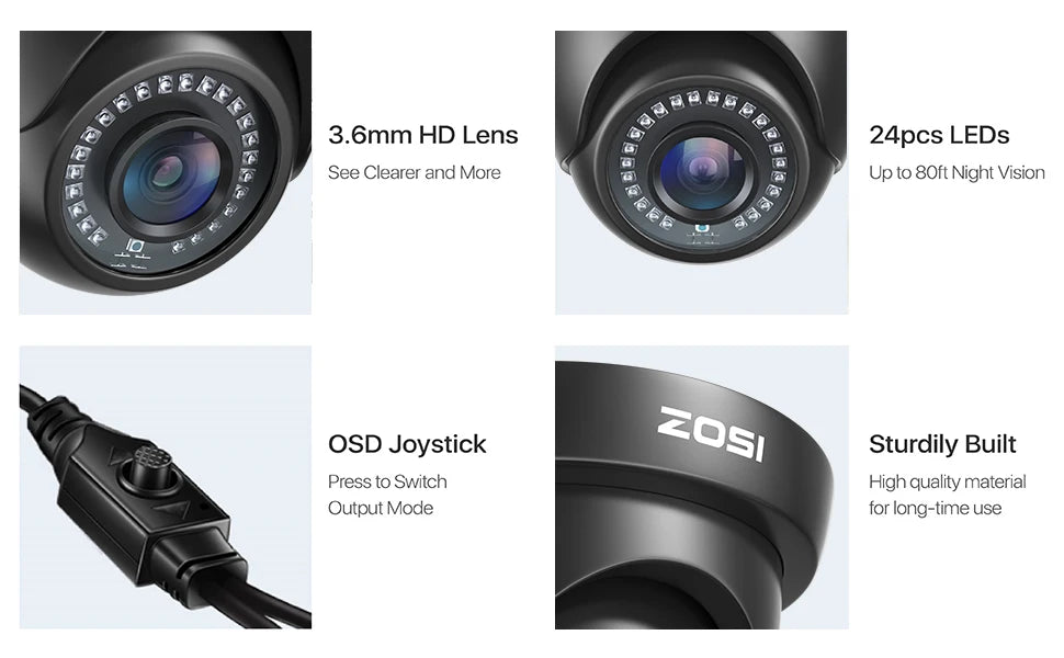 ZOSI 2MP CCTV Security Camera 1080P HD 4-in-1 AHD TVI CVI CVBS Weatherproof Home Dome Video Surveillance Camera for DVR System