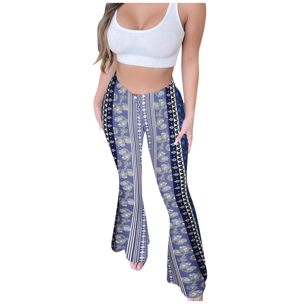Bohemian Flare Pants for Women High Waisted Stretchy Bell Bottoms Y2K Hippie Style Trousers for Beach Vacation Leggings 2026