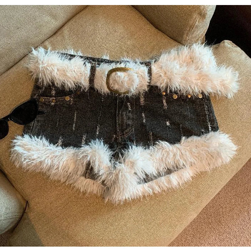 Belt Furry Denim Shorts Women 2024 New Fashion Loose Casual Pocket Sexy Shorts Denim Shorts Female Short Pants Zipper Jeans