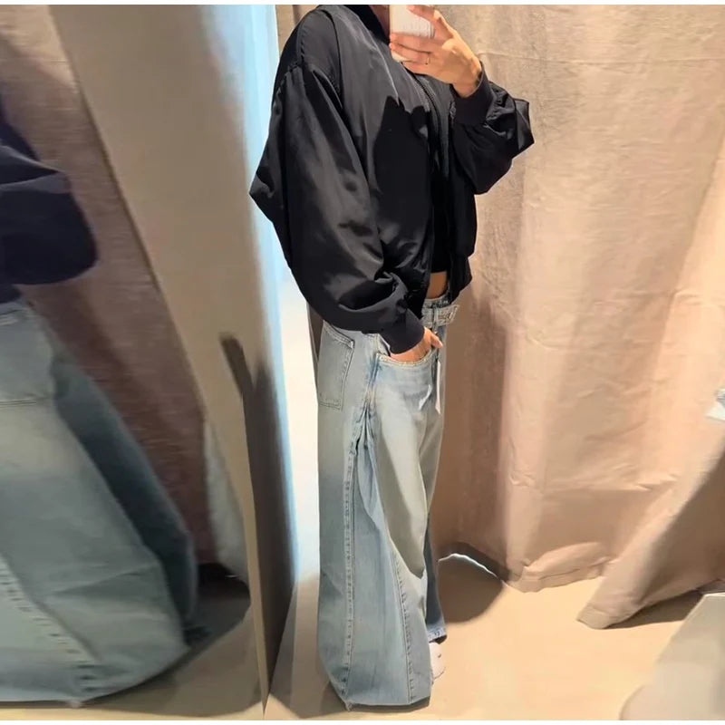 2026 Spring Low Waist Pleated Wide Leg Jeans Light Wash Raw Edge Double Waistband Casual Women Pants Trendy Y2K Lady Trousers