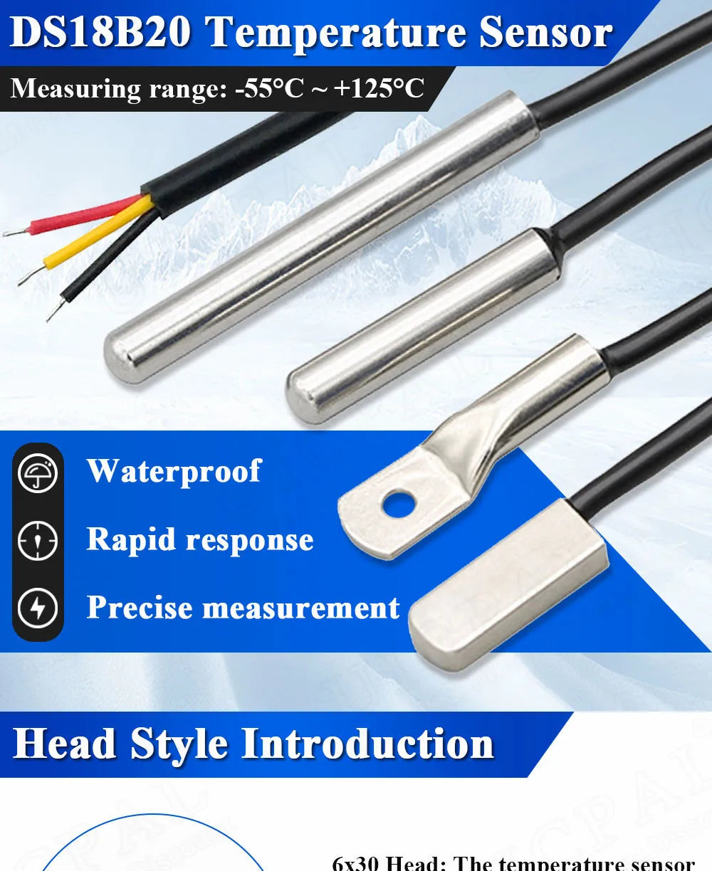DS18B20 Temperature Sensor Waterproof Dustproof Sensors Cable 1M Length Probe 304 Stainless Steel 6*30MM OD 3.0MM