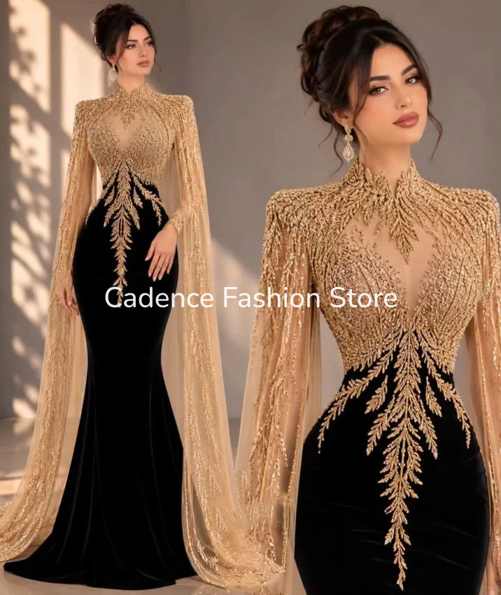 Luxury Arabic Black Mermaid Prom Dress Illusion High Neck Gold Crystal Beading Sheer Cape Sleeves Velvet Evening Gown Customized