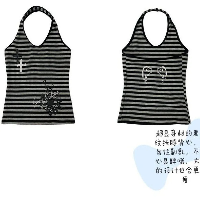 Retro Hottie Tank Tops Y2K Striped Halter Backless Cami Top Women Grunge Streetwear Slim Fit Sleeveless Shirt Graphic Sexy Vest