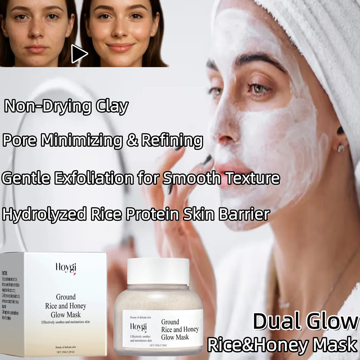 Rice&Honey Moisturizing&Brightening Mask, Dual Glow,Hydrolyzed Rice Protein Skin Barrier,Pore Minimizing & Refining,Deep Moisture Injection with Glycerin,Non Drying Clay,Gentle Exfoliation For Smooth Texture,Vegan&Cruelty Fre