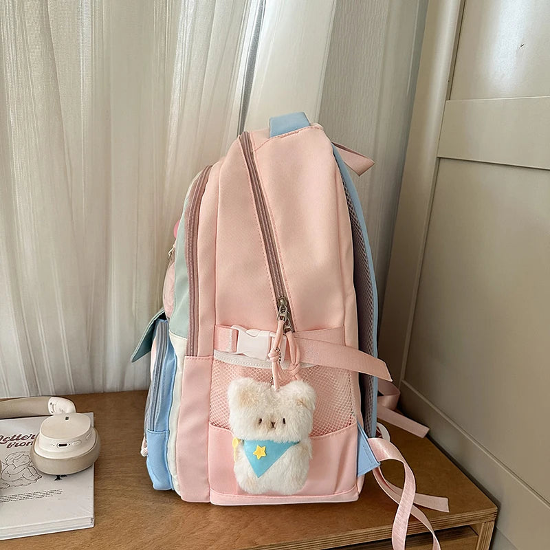 Women's Pastel Color Block Backpack Clear Display Pockets Plush Charm Bow Detail Adjustable Strap Casual Daily Itabag School Bag