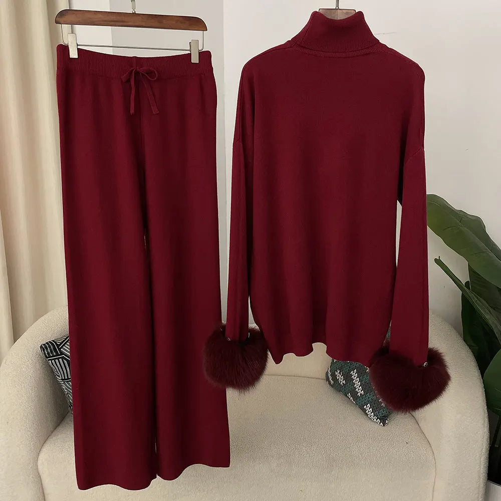 2024 New Fashion Autumn Winter Natural Real Fox Fur Cuffs Coat Knitted Sweater Women Long Pants Set Jacket Thick Warm
