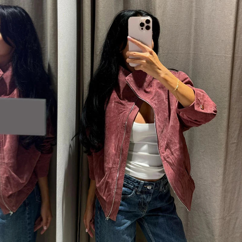 Women Dusty Faux Suede Bomber Jacket Stand Collar Zip Up Loose Drop Shoulder Elastic Hem Casual Fall Outerwear 2026 Fashion Coat