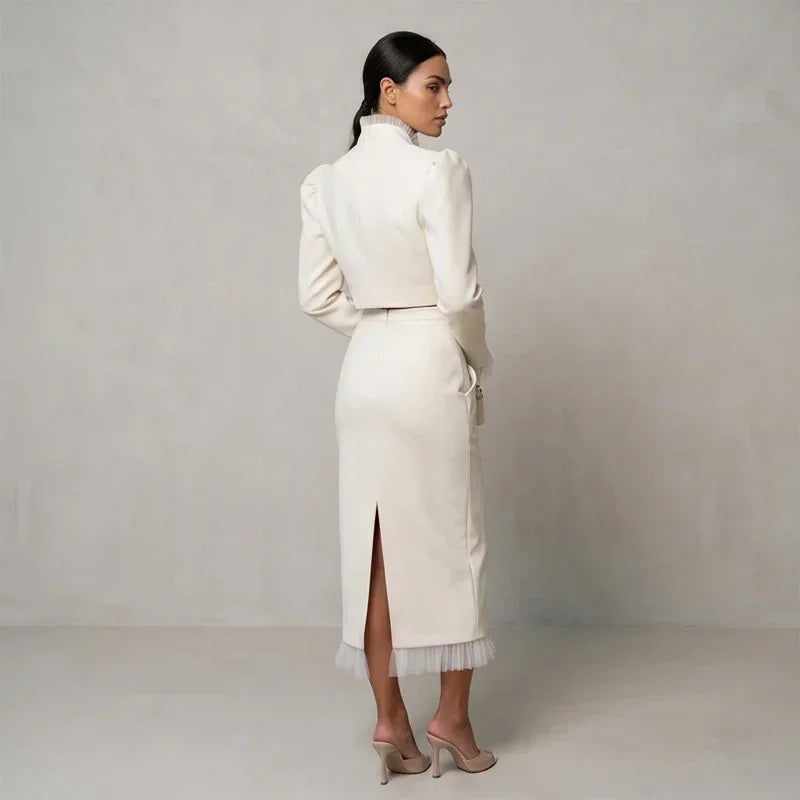 White Women's mesh two piece set Puff Sleeve V Neck blazer two piece dress set Daily Commuter Party  Outfit 2026 Summer Style