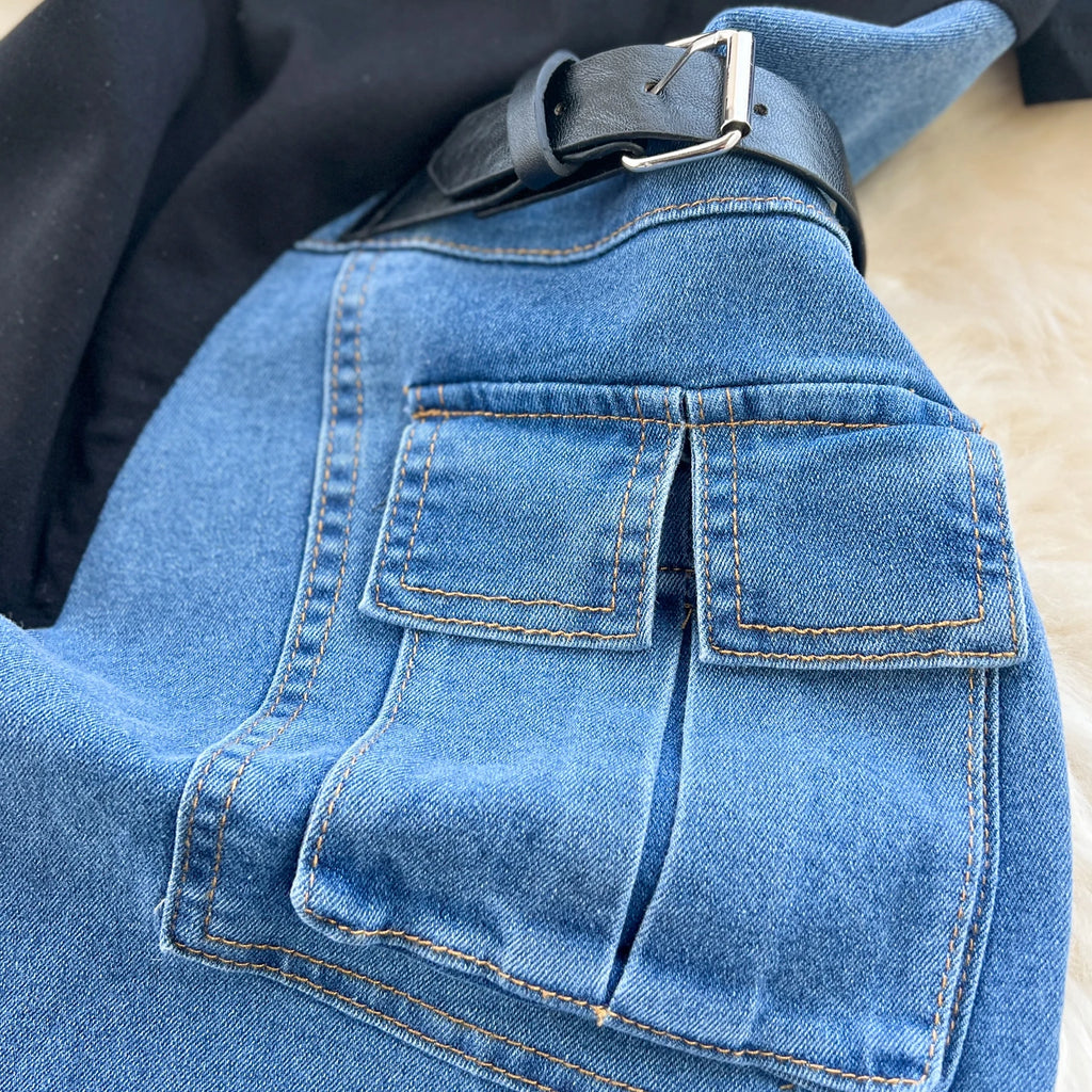 Women Design Contrast Color Splicing Denim Slim Mid-length Short-sleeved Temperament Youth Woman Summer Dress